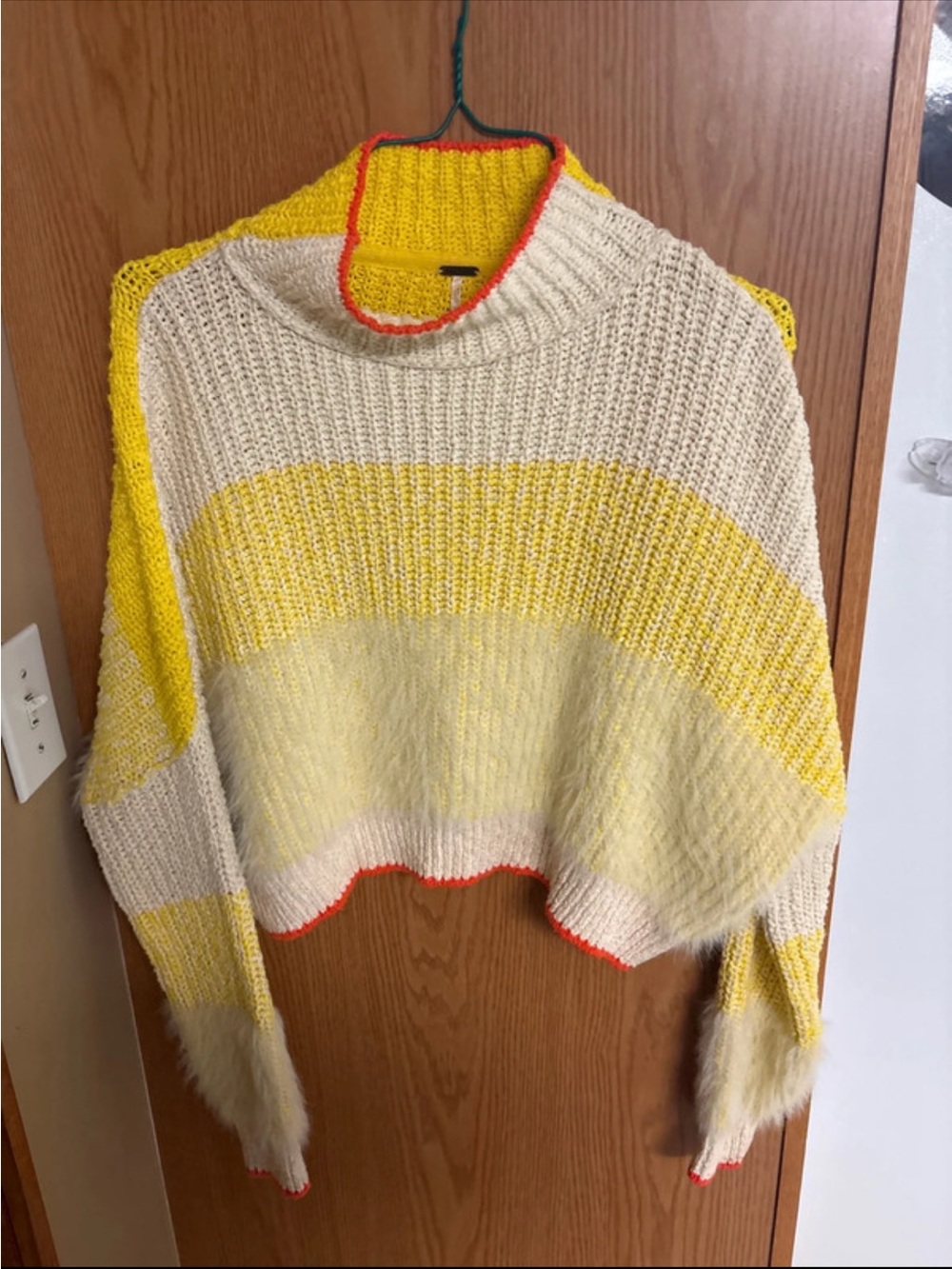 Free People Cream and Yellow Striped Turtleneck Sweater with Orange Trim